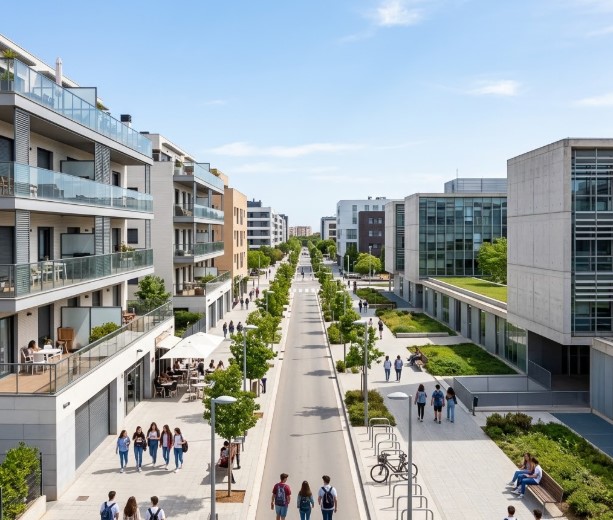 Bloques residenciales, áreas peatonales y entorno moderno de la Zona Universitària en Castelldefels